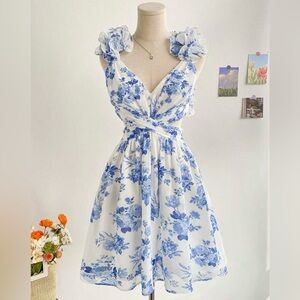 Floral Blue and White Chiffon Ruffle Sleeve Dress